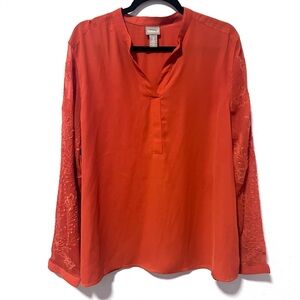 Chico's Orange embroidered Long Sleeve Relaxed Blouse with Mandarin Collar 16-18